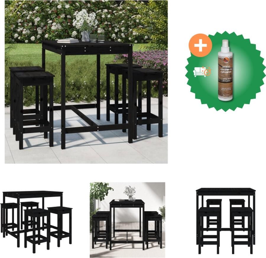 VidaXL Houten Barset Grenenhout Bartafel 121 x 82.5 x 110 cm Barkruk 40 x 40 x 78 cm Zwart Tuinset Inclusief Houtreiniger en verfrisser