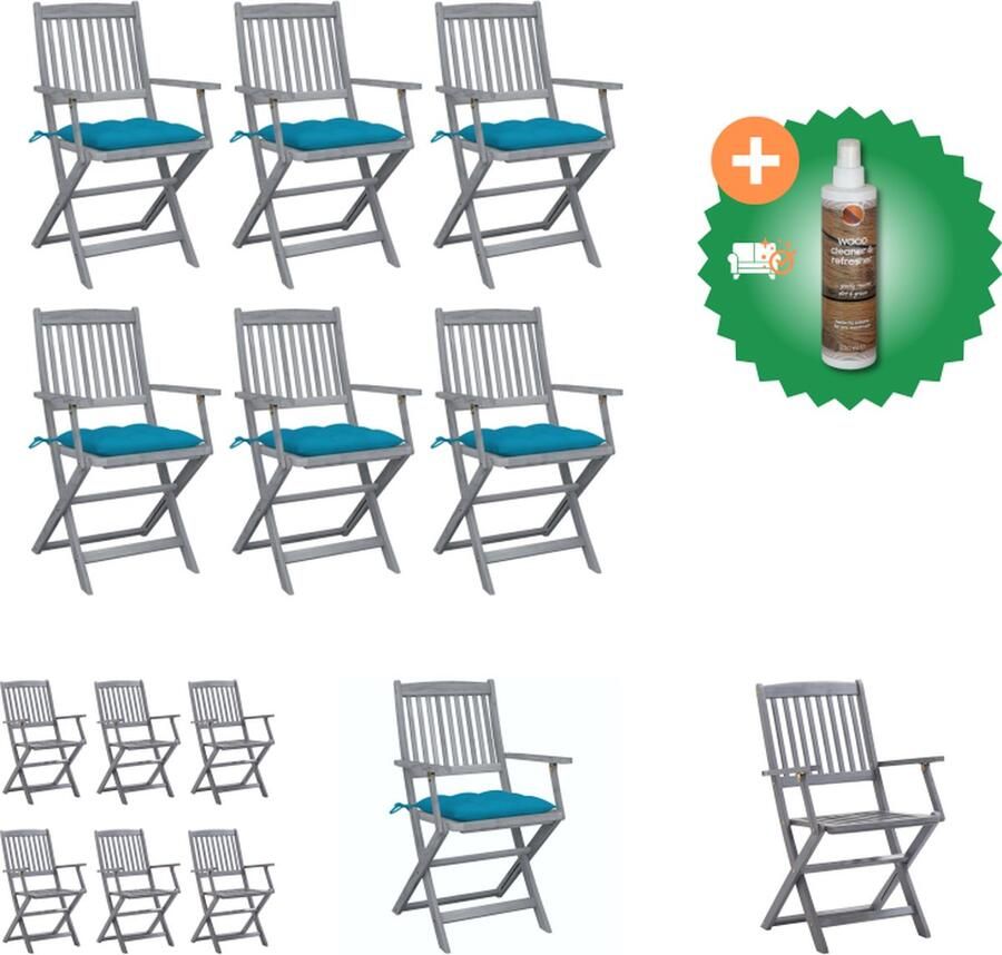 VidaXL Houten Klapstoelen Set Acaciahout Greywash 54x57x91cm Lichtblauwe kussens Tuinstoel Inclusief Houtreiniger en verfrisser