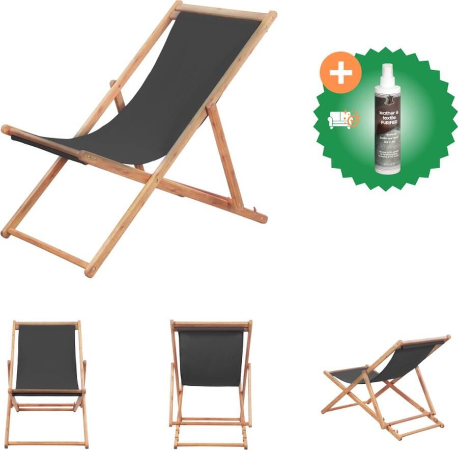 VidaXL Houten Strandstoel Campingstoel Verstelbaar Grijs Eucalyptushout frame Polyester zitting Tuinstoel Inclusief Reiniger