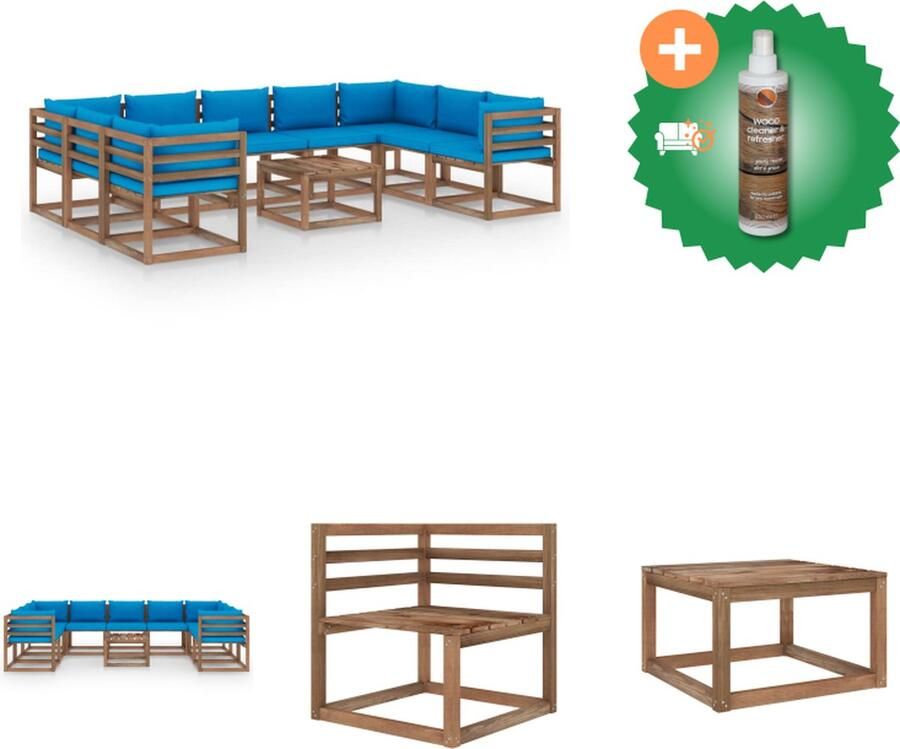 VidaXL Houten Tuinset Hoekbank 64x64x70cm Middenbank 60x64x70cm Tafel 60x60x36.5cm Lichtblauwe Kussens Geïmpregneerd Grenenhout 100% polyester stof Montage vereist Tuinset Inclusief Houtreiniger en verfrisser