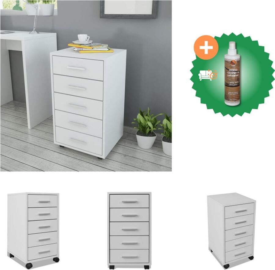 VidaXL Kantoor ladeblok op wielen 5 lades wit Kast Inclusief Houtreiniger en verfrisser