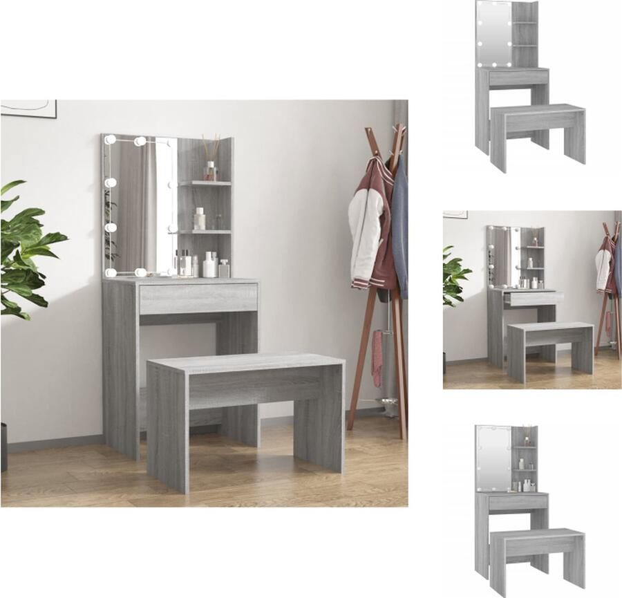 VidaXL Kaptafelset Sonoma Eiken Make-uptafel met Spiegel LED-verlichting Voldoende Opbergruimte Wandmontage Grijs 60x40x140cm Incl Montagehandleiding Badkamermeubel