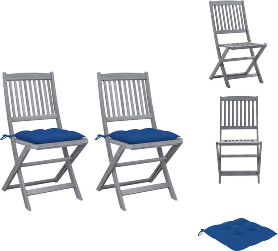 VidaXL Klapstoel Acaciahout Blauw Kussens Set van 2 48.5 x 57 x 91 cm Tuinstoel
