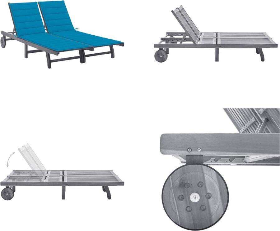 VidaXL Ligbed 2-persoons met kussens massief acaciahout grijs Ligbed Ligstoel Ligbedden Ligstoelen