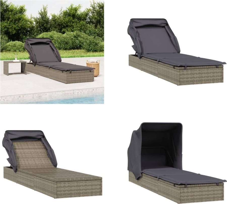 VidaXL Ligbed met inklapbaar dak 213x63x97 cm poly rattan grijs Ligbed Ligbedden Tuinstoel Relaxstoel