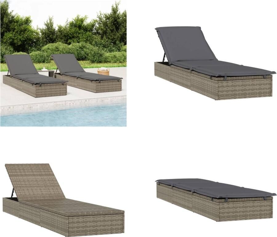 VidaXL Ligbed met kussen 201x55x62 cm poly rattan grijs Ligbed Ligbedden Tuinstoel Relaxstoel