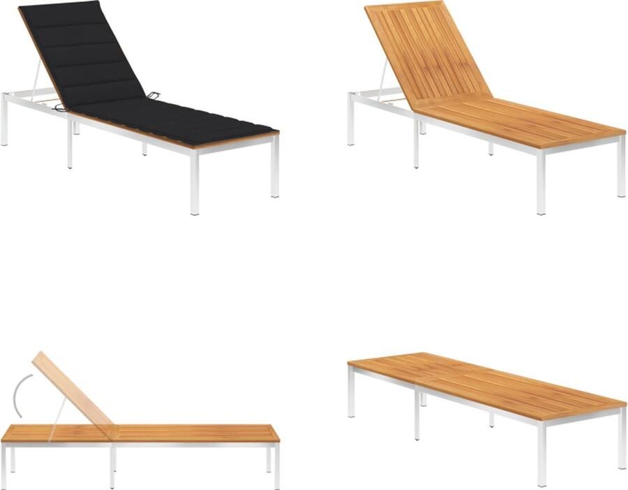 VidaXL Ligbed met kussen massief acaciahout en roestvrij staal Ligbed Ligstoel Ligbedden Ligstoelen