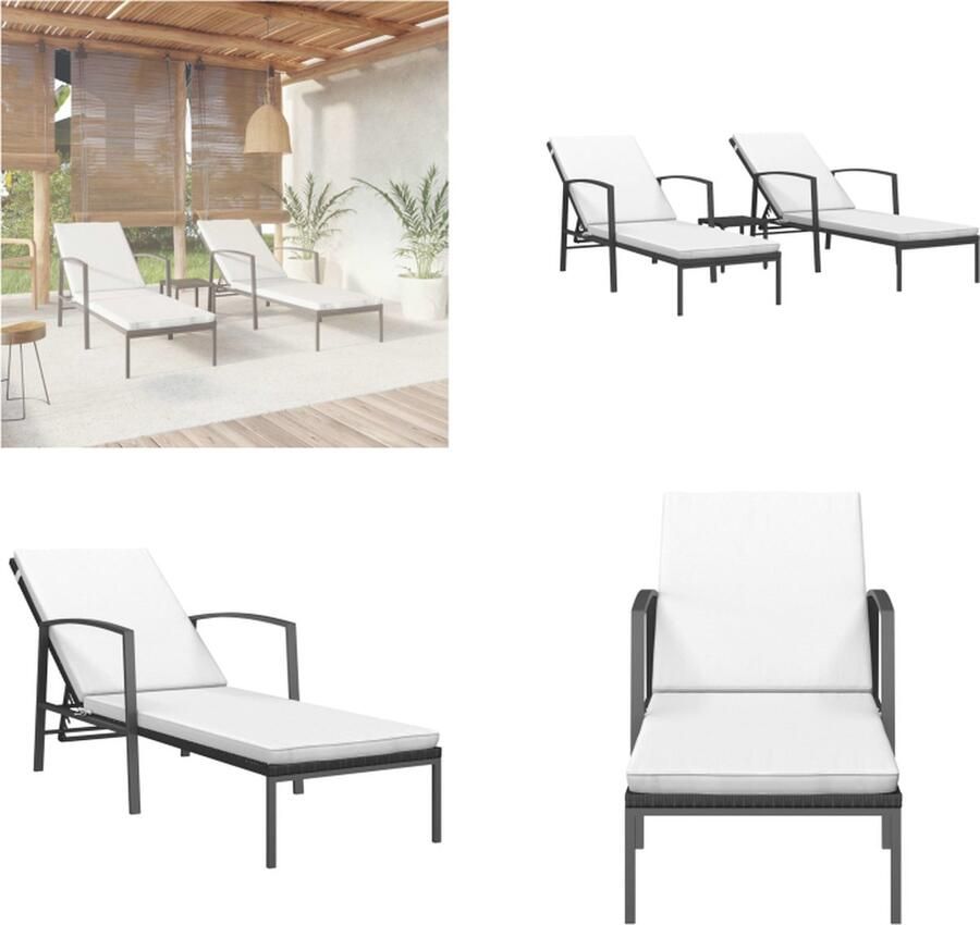 VidaXL Ligbedden 2 st met tafel poly rattan zwart Ligstoel Ligstoelen Ligbed Terrasstoel