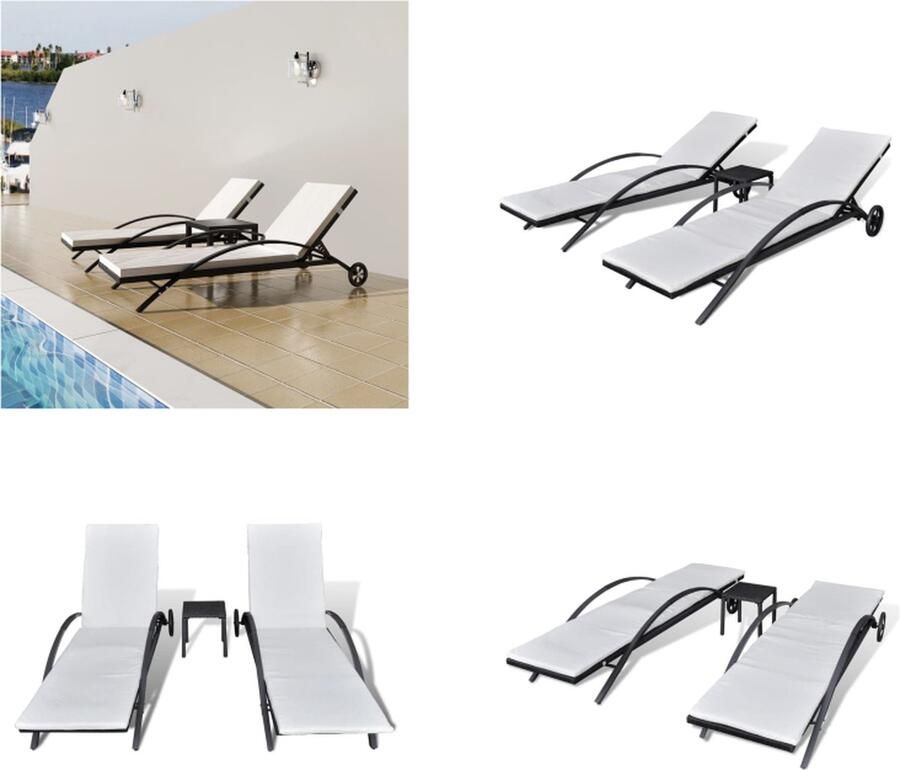 VidaXL Ligbedden met tafel poly rattan zwart Ligstoel Ligstoelen Ligstoelset Ligstoelenset
