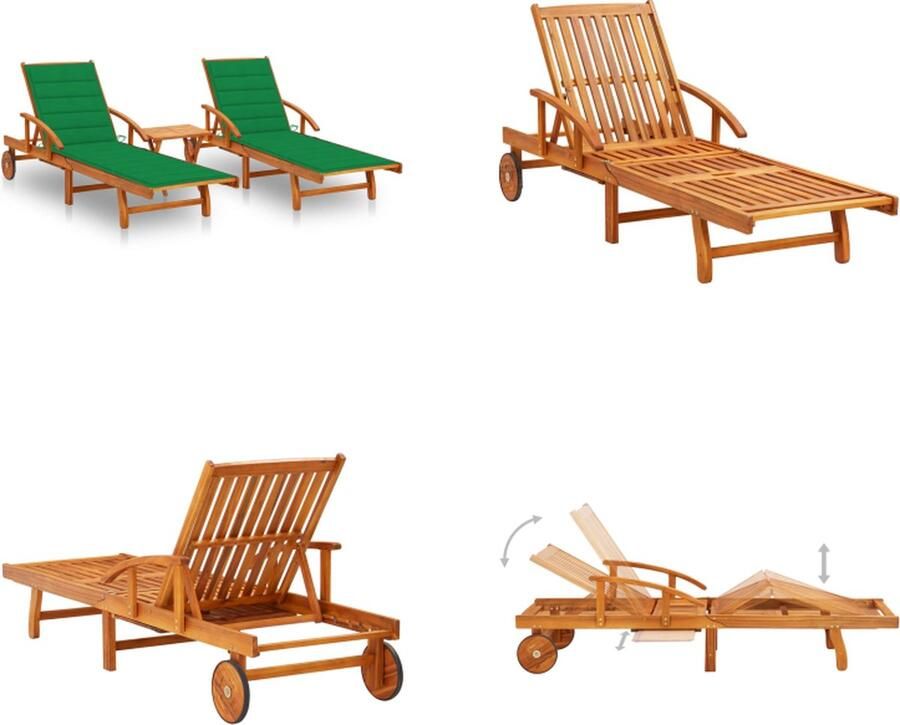 VidaXL Ligstoelen 2 st met tafel en kussens massief acaciahout Zonnestoel Zonnestoelen Zonnebed Zonnebedden