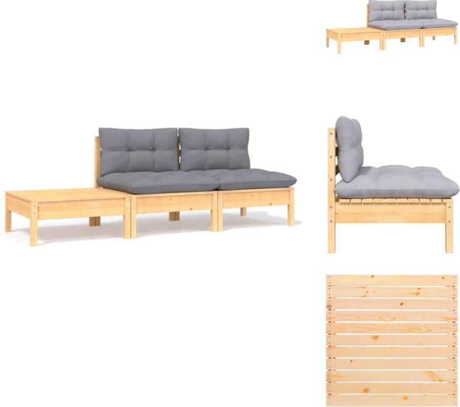 VidaXL Lounge tuinset massief grenenhout grijs kussen 2 middenbanken 1 voetenbank tafel incl kussens 150x150x90 cm Tuinbank