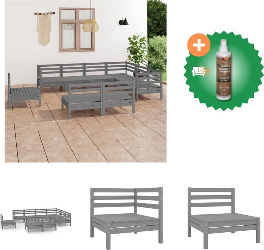VidaXL Tuinset Pallet Grenenhout Grijs 3x hoekbank 6x middenbank 63.5 x 63.5 x 62.5 cm Tuinset Inclusief Houtreiniger en verfrisser
