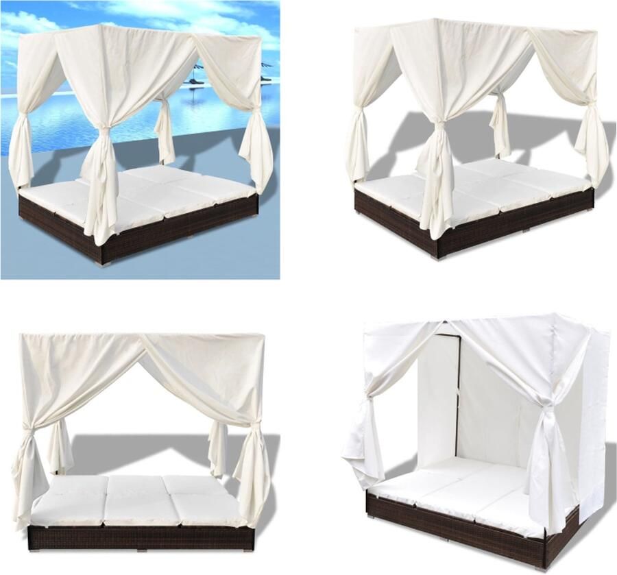 VidaXL Loungebed met gordijnen poly rattan bruin Zonnebed Zonnebedden Ligbed Ligbedden