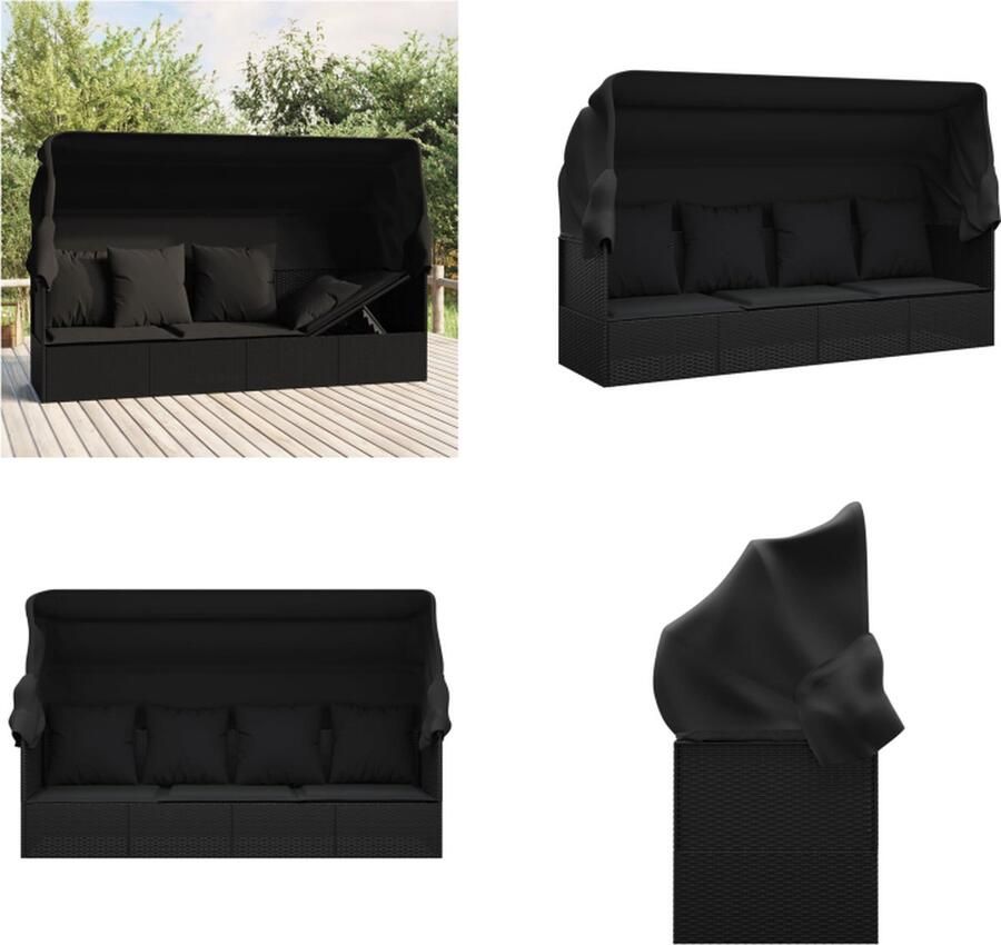 VidaXL Loungebed met luifel en kussens poly rattan zwart Loungebed Loungebedden Loungebed Met Kussens Tuinbed