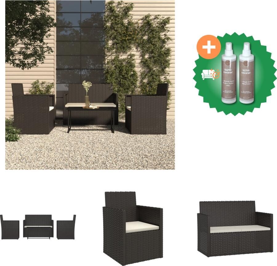 VidaXL Loungeset Aura Polyetheen Zwart 2 Fauteuils 1 Tweepersoonsbank 1 Salontafel 4 Kussens Tuinset Inclusief Onderhoudsset