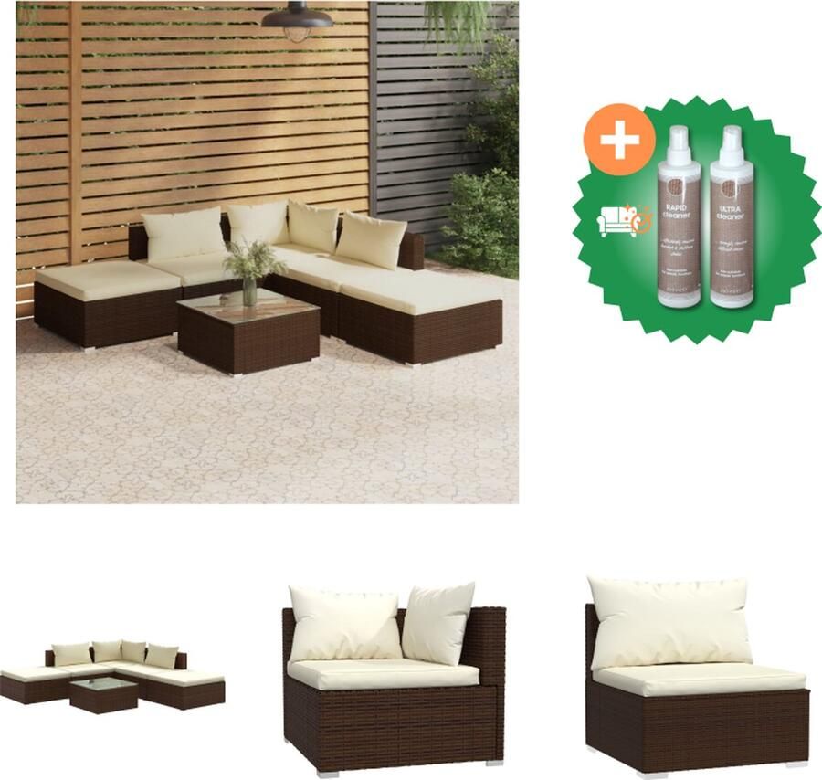 VidaXL Loungeset Bruin Hoek middenbank- 70x70x60.5 cm Zitkussen- 63x63x6 cm Rugkussen- 63 53x40.5 cm Voetenbank- 70x70x30 cm Salontafel- 60x60x30 cm Tuinset Inclusief Onderhoudsset