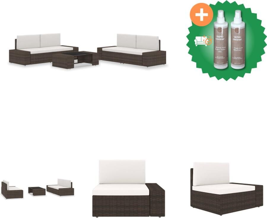 VidaXL Loungeset Bruin Crèmewit Poly Rattan Hoekbank 78.5x65.5x52cm Salontafel 90x50x26cm Montage vereist Inclusief kussens Tuinset Inclusief Onderhoudsset