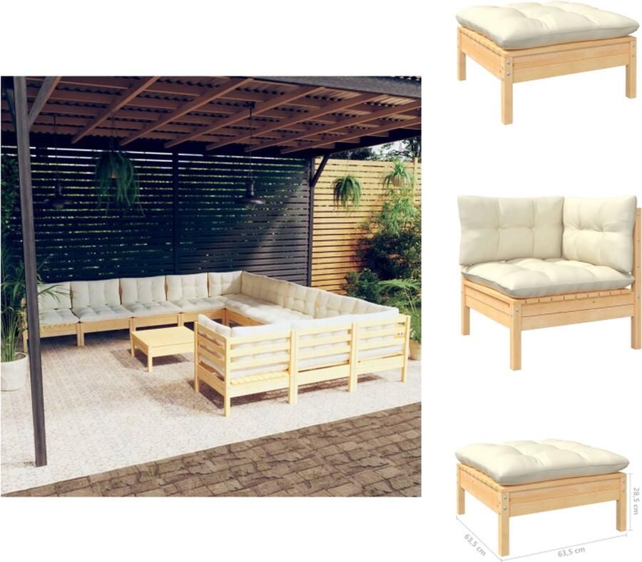 VidaXL Loungeset Grenenhout Crème kussens Hoek middenbank Voetenbank tafel Afmetingen- 63.5x63.5x62.5cm Montage vereist Tuinset