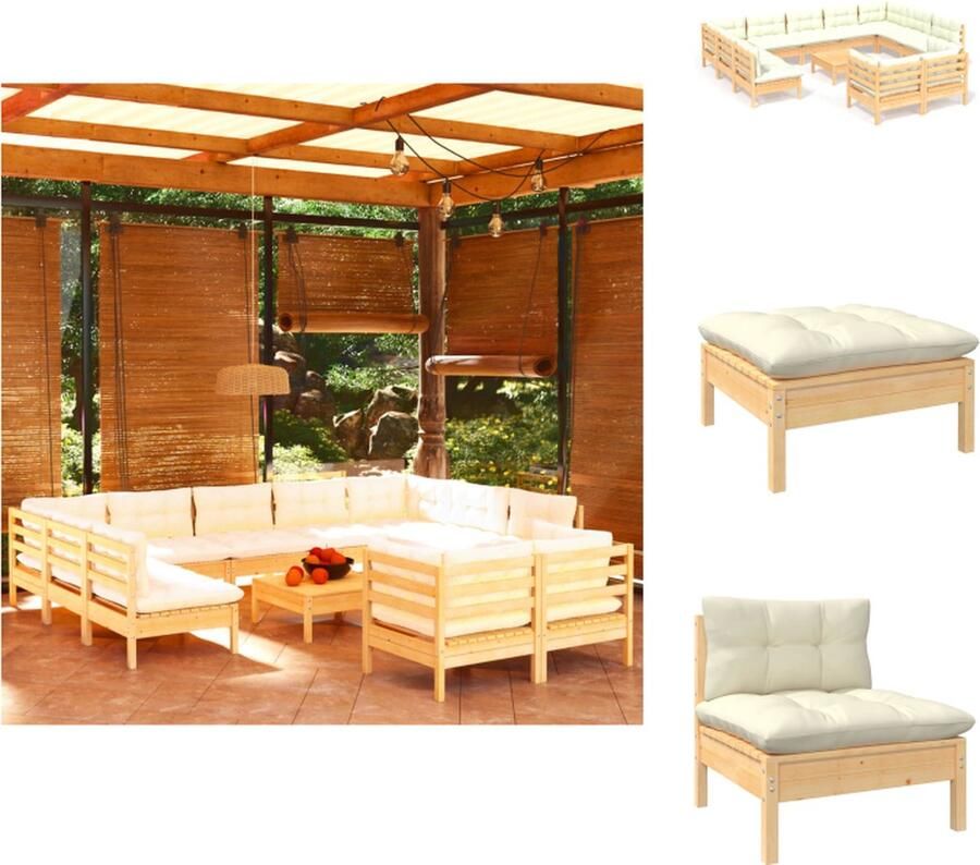 VidaXL Loungeset Grenenhout Hoekbank middenbank voetenbank tafel Crème kussen Polyester Afmetingen- B63.5 x D63.5 x H62.5 cm (hoekbank middenbank) B63.5 x D63.5 x H28.5 cm (voetenbank tafel) Tuinset