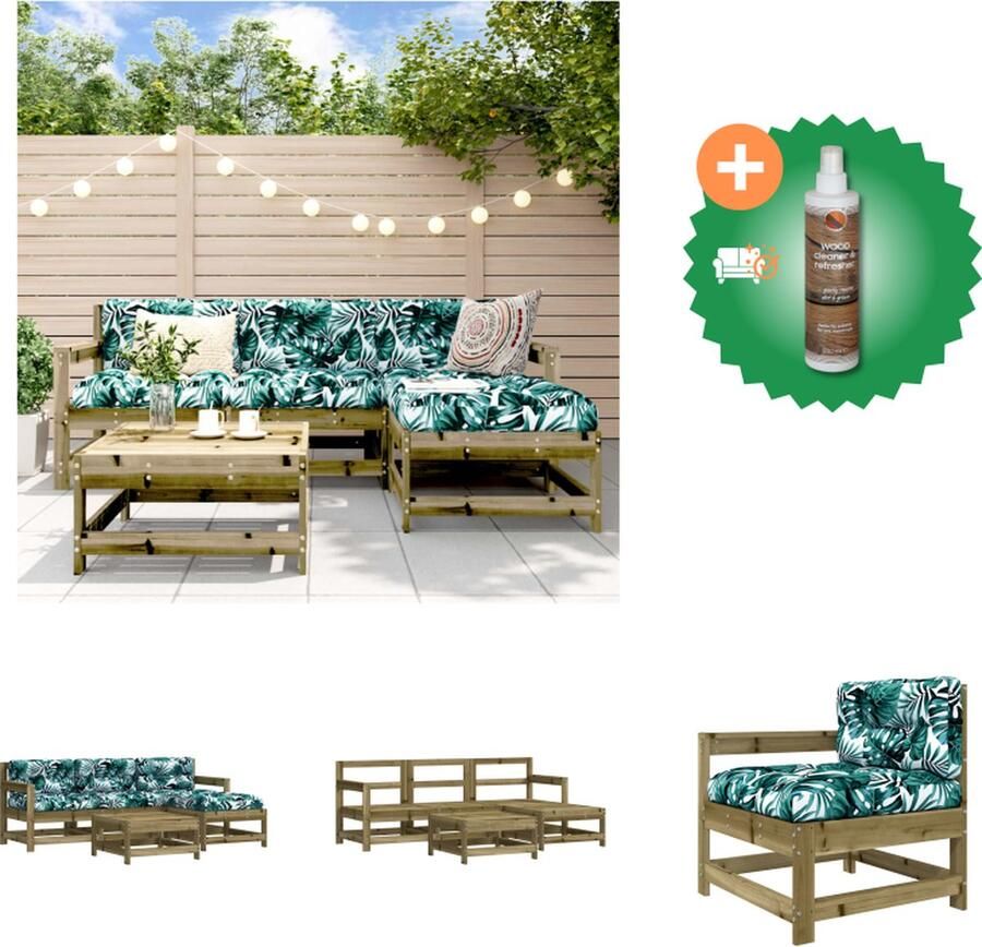 VidaXL Loungeset Grenenhout Middenbank 62x62x70.5cm Tuinstoel 66x62x70.5cm Voetenbank salontafel 62x62x32cm Kussens 60x60x12cm Rugkussens 60x32x12cm Met bladpatroon Tuinset Inclusief Houtreiniger en verfrisser