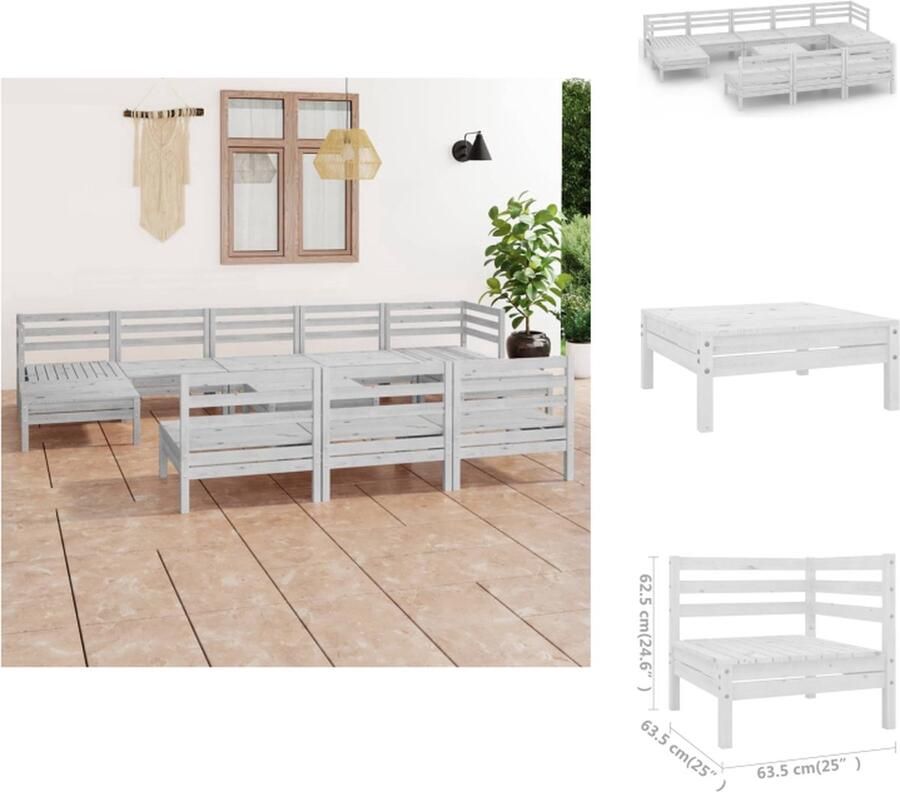 VidaXL loungeset Grenenhout Wit 2 hoekbank 6 middenbank 3 tafel voetenbank 63.5x63.5x62.5cm 63.5x63.5x28.5cm (LxBxH) Montage vereist Tuinset
