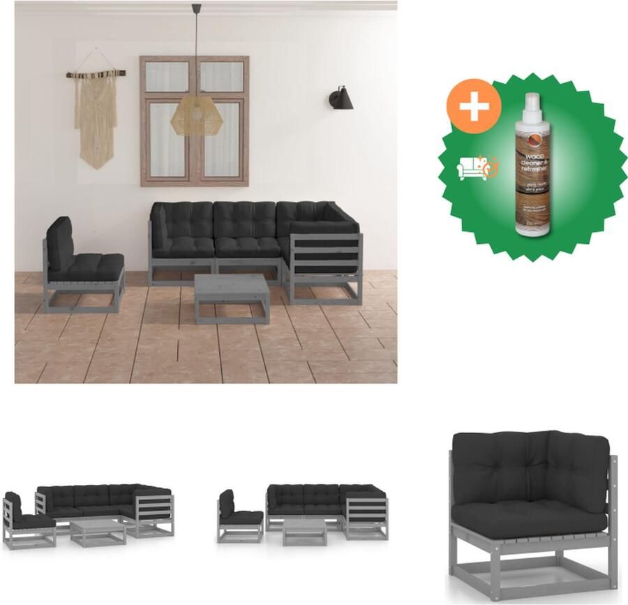 VidaXL Tuinset Grenenhout Grijs 2x middenbank 3x hoekbank tafel 5x zitkussen 8x rug zijkussen Tuinset Inclusief Houtreiniger en verfrisser