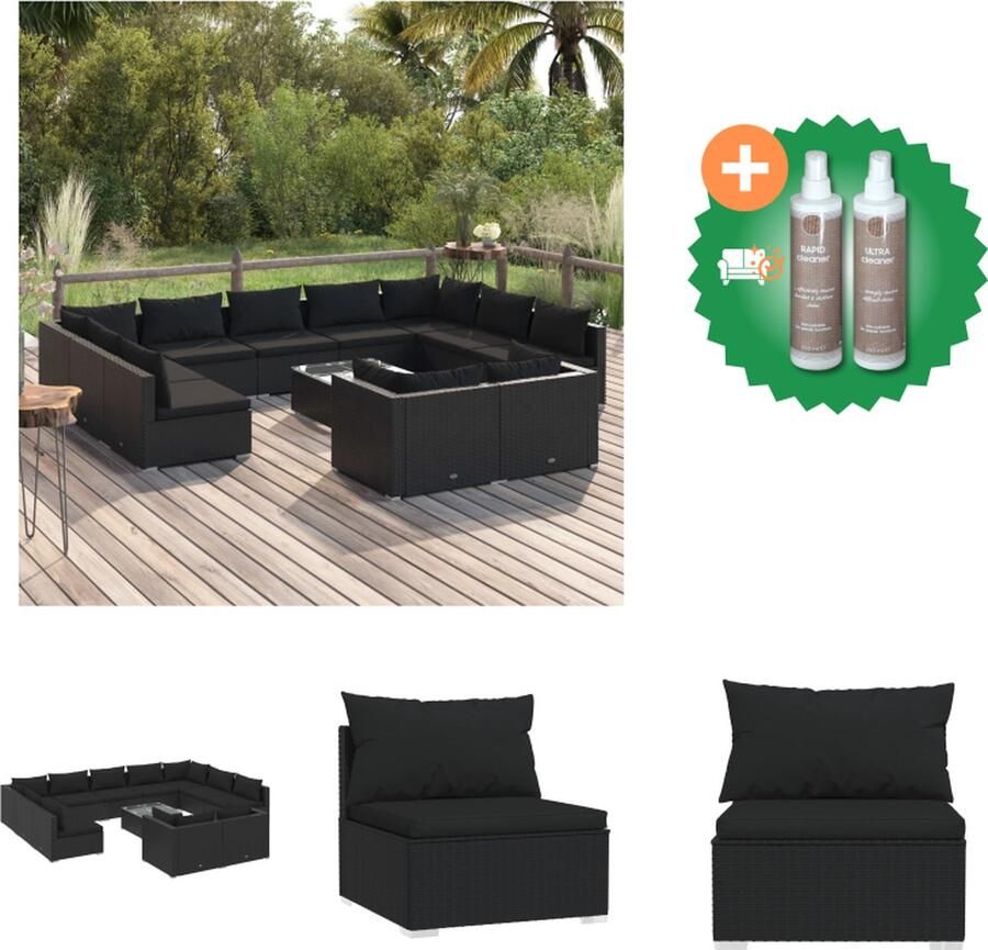 VidaXL Loungeset PE Rattan Zwart Modulair Design Waterbestendig Comfortabele Kussens 11 zitkussens 15 rugkussens Tuinset Inclusief Onderhoudsset
