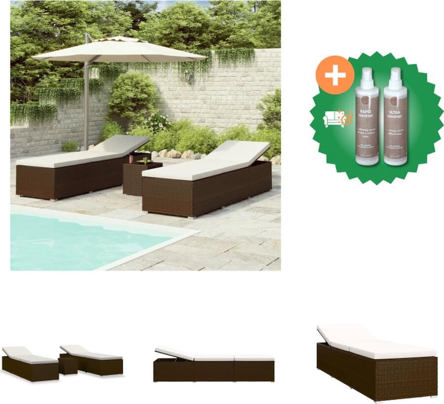 VidaXL Loungeset Sunbed 195x60x31cm Brown Adjustable Sides PE Rattan Steel Frame Removable Cushion Includes Side Table Ligbed Inclusief Onderhoudsset