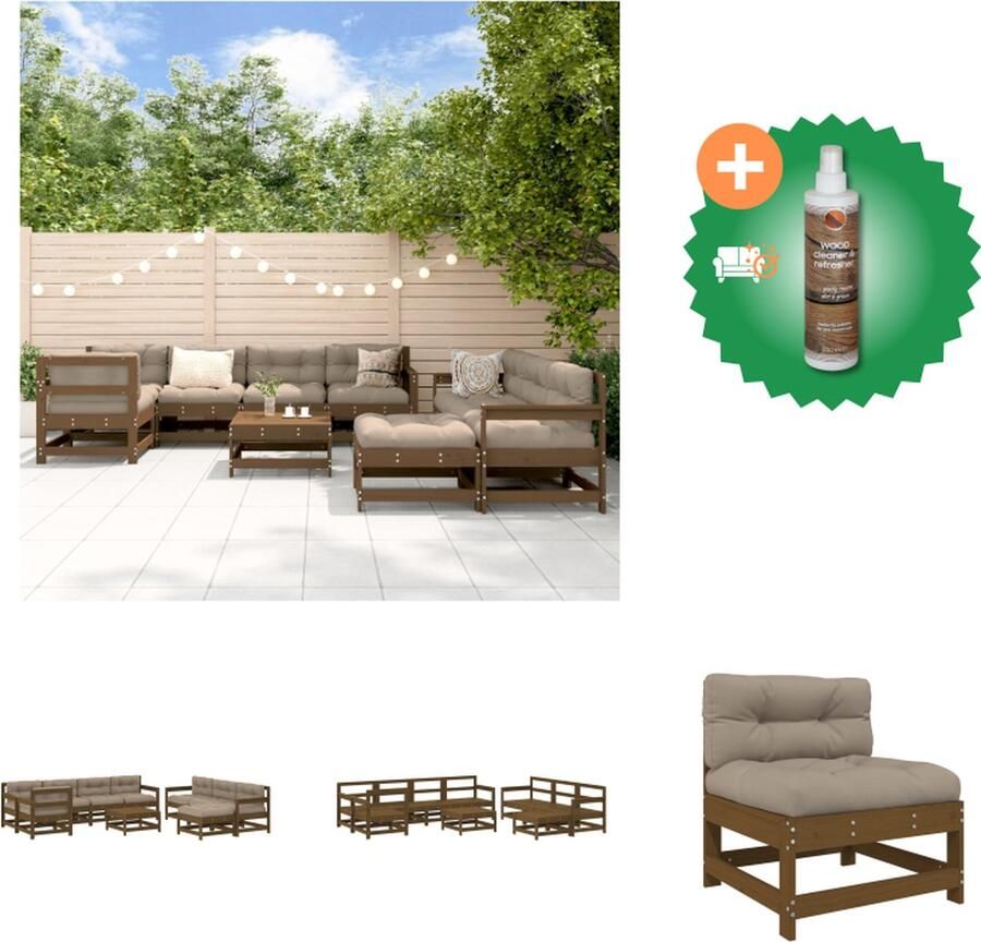 VidaXL Loungeset Tuin Grenenhout Honingbruin Modulair 3 middenbank + 5 tuinstoel + 2 voetenbank salontafel Tuinset Inclusief Houtreiniger en verfrisser