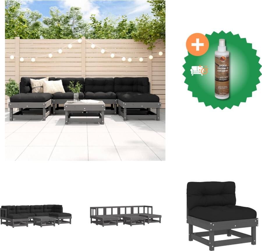 VidaXL Loungeset Tuin Grenenhout Modulair Grijs 7 zitkussens 6 rugkussens Tuinset Inclusief Houtreiniger en verfrisser
