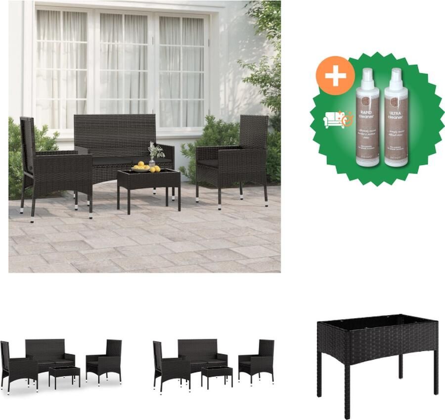VidaXL Loungeset Zwart Poly Rattan 1x Tweezitsbank 2x Stoel 1x Salontafel 4x Zitkussen Duurzaam Materiaal Tuinset Inclusief Onderhoudsset