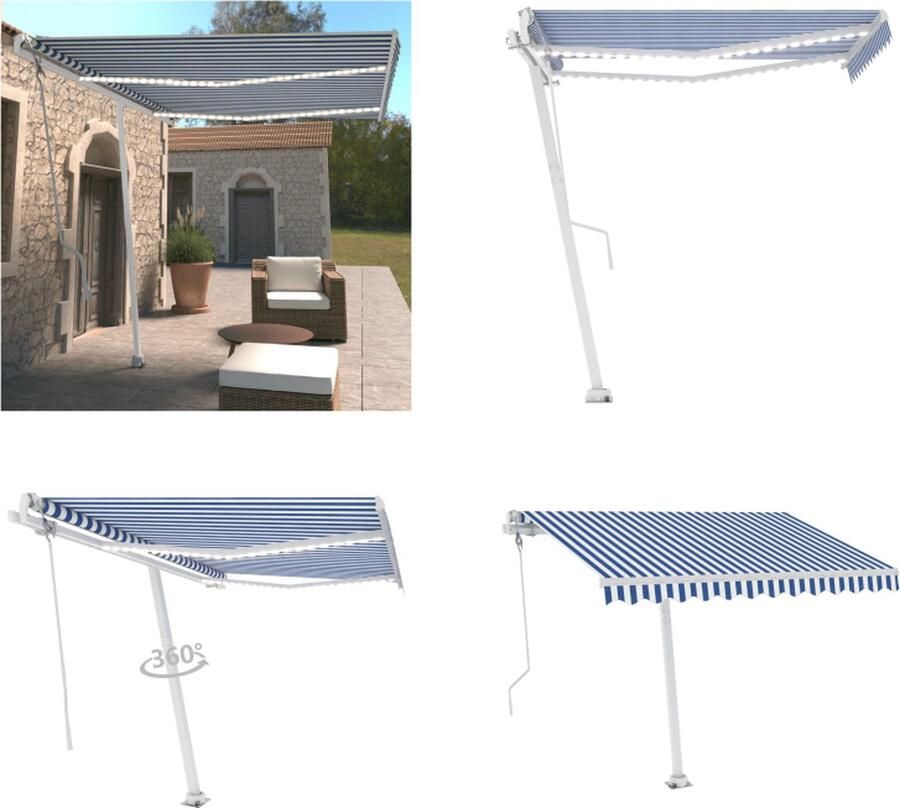 VidaXL Luifel automatisch met LED en windsensor 350x250 cm blauw wit Uitschuifbare Luifel Uitschuifbare Luifels Uittrekbare Luifel Uittrekbare Luifels