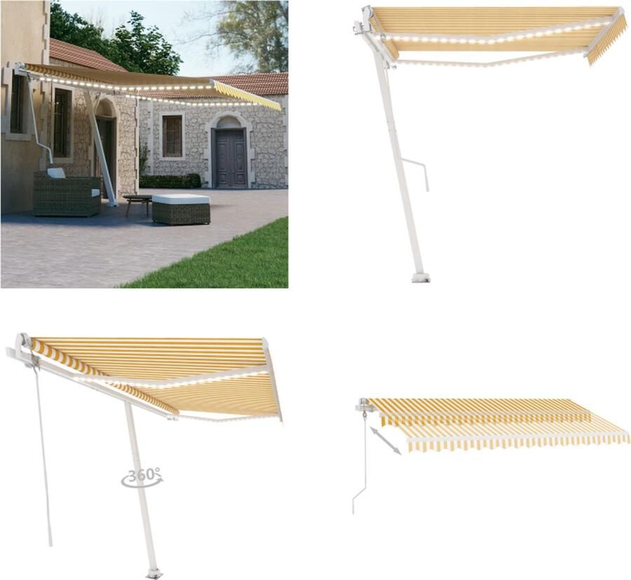 VidaXL Luifel automatisch met LED en windsensor 450x300 cm geel en wit Uitschuifbare Luifel Uitschuifbare Luifels Uittrekbare Luifel Uittrekbare Luifels