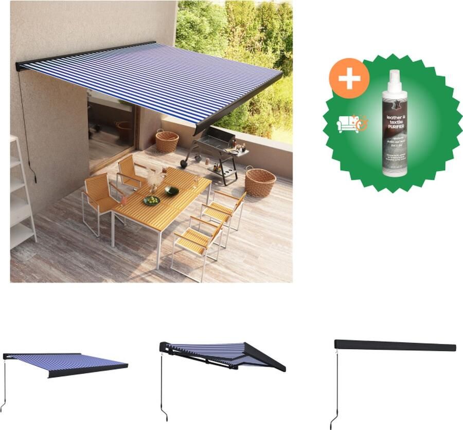 VidaXL Luifel handmatig 450x300 cm blauw en wit Vensterzonwering Inclusief Reiniger