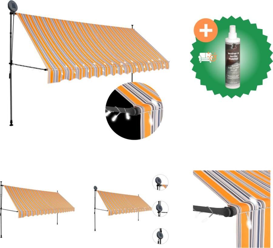 VidaXL Luifel handmatig uittrekbaar met LED 350 cm geel en blauw Vensterzonwering Inclusief Reiniger