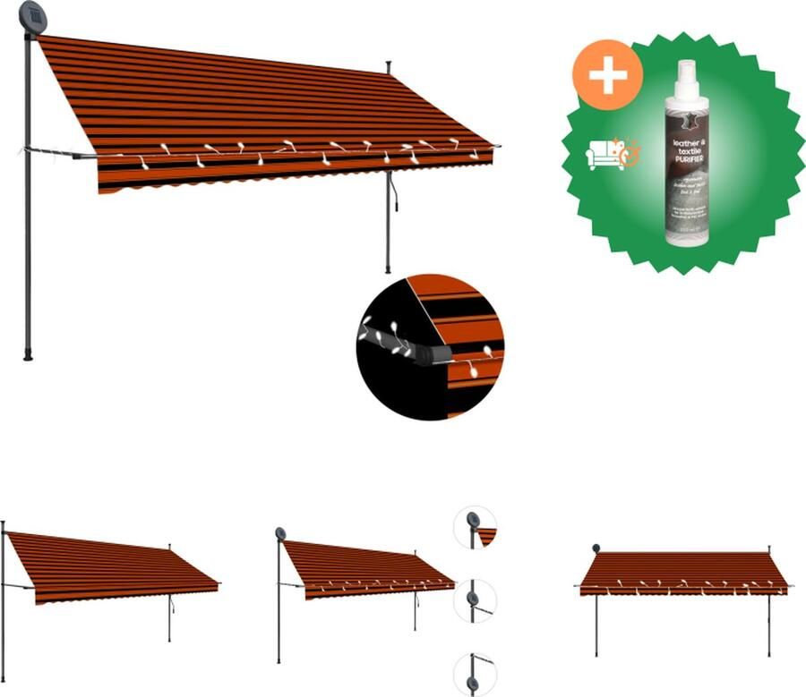 VidaXL Luifel handmatig uittrekbaar met LED 350 cm oranje en bruin Vensterzonwering Inclusief Reiniger