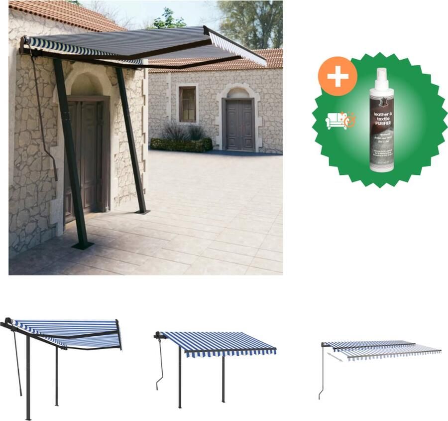 VidaXL Luifel handmatig uittrekbaar met palen 3 5x2 5 m blauw en wit Vensterzonwering Inclusief Reiniger