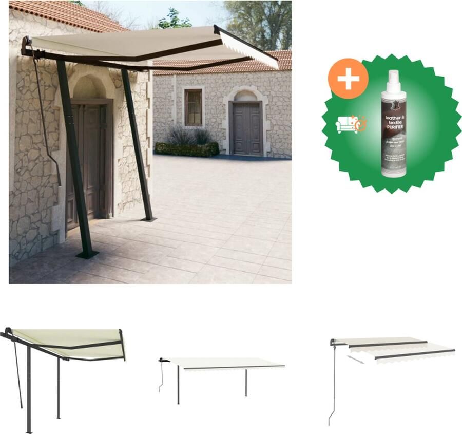VidaXL Luifel handmatig uittrekbaar met palen 3 5x2 5 m crèmekleurig Vensterzonwering Inclusief Reiniger