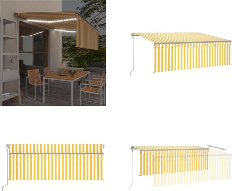 VidaXL Luifel met rolgordijn- LED en windsensor 4-5x3 m geel en wit Uitschuifbare Luifel Uitschuifbare Luifels Uittrekbare Luifel Uittrekbare Luifels