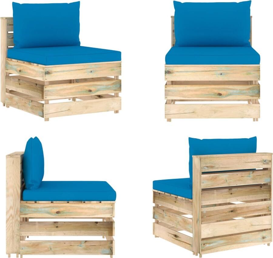 VidaXL Middenbank sectioneel met kussens groen geïmpregneerd hout Palletbank Palletbanken Palletmiddenbank Palletmiddenbanken