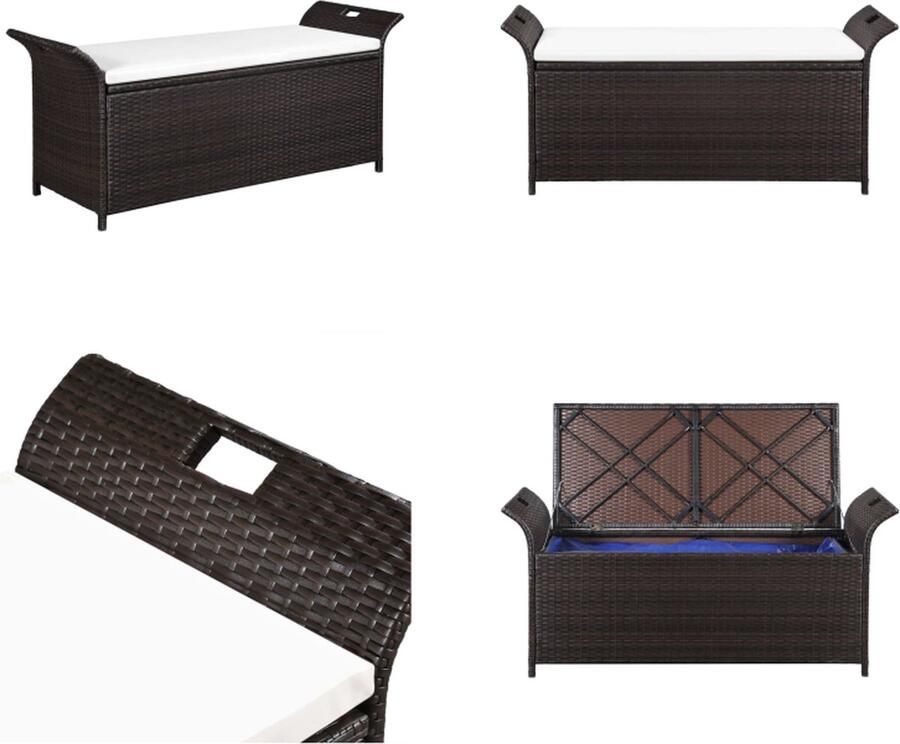 VidaXL Opbergbankje met kussen 138 cm poly rattan bruin Bank Banken Bankje Bankjes