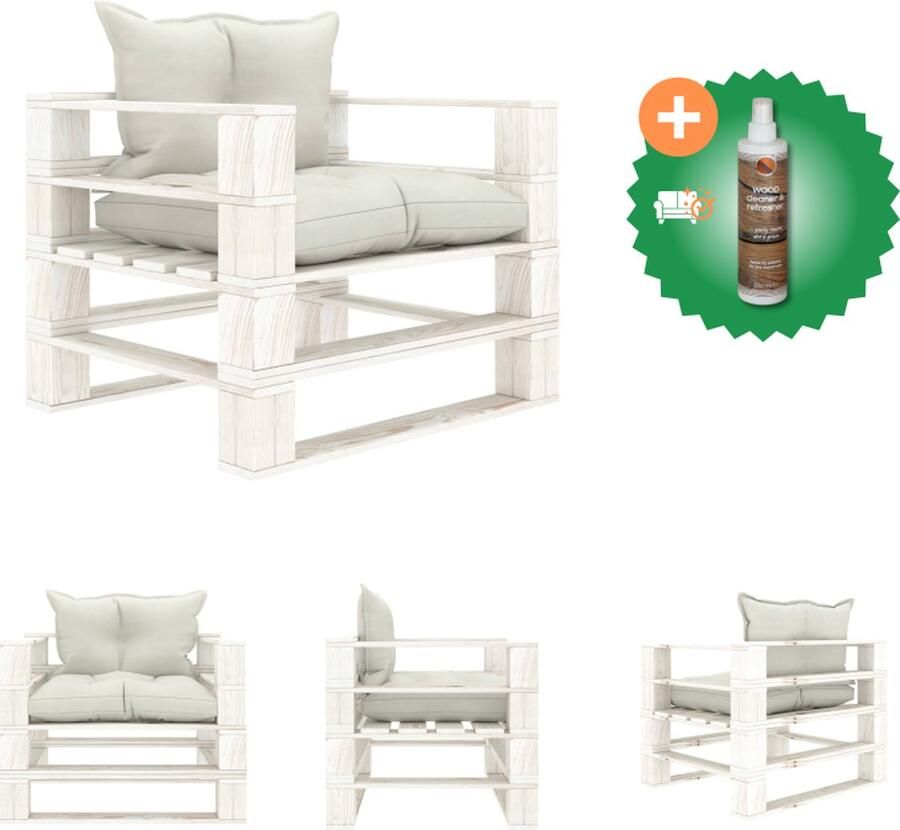 VidaXL Pallet Armstoel Beige en Wit 80 x 67.5 x 60.8cm Grenenhout Geschikt voor buiten en binnen Montage vereist Loungebank Inclusief Houtreiniger en verfrisser