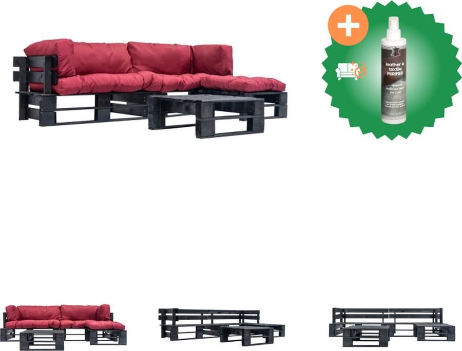 VidaXL Pallet Bankenset 220x126x65cm Grenenhout Inclusief Kussen Rood Zwart Binnen Buiten 2x Tweezitsbank 1x Hocker 1x Tafel Tuinset Inclusief Reiniger