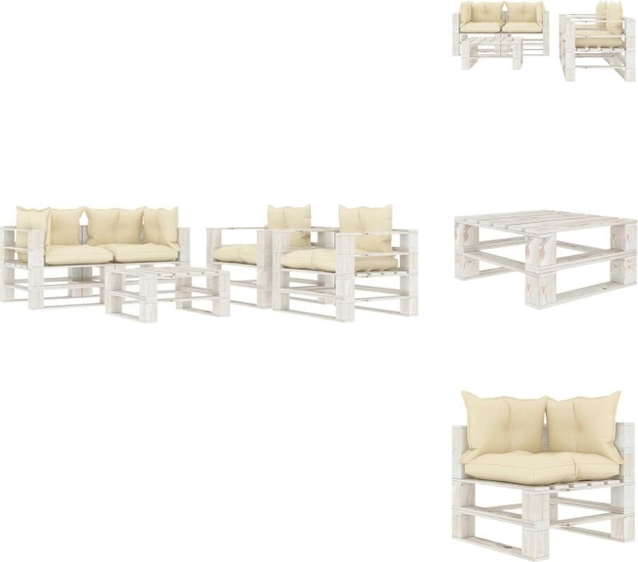 VidaXL Pallet loungeset 2 hoekbanken 1 tafel 2 armstoelen Grenenhout 70x67.5x60.8 cm Crème wit Montage vereist Tuinset