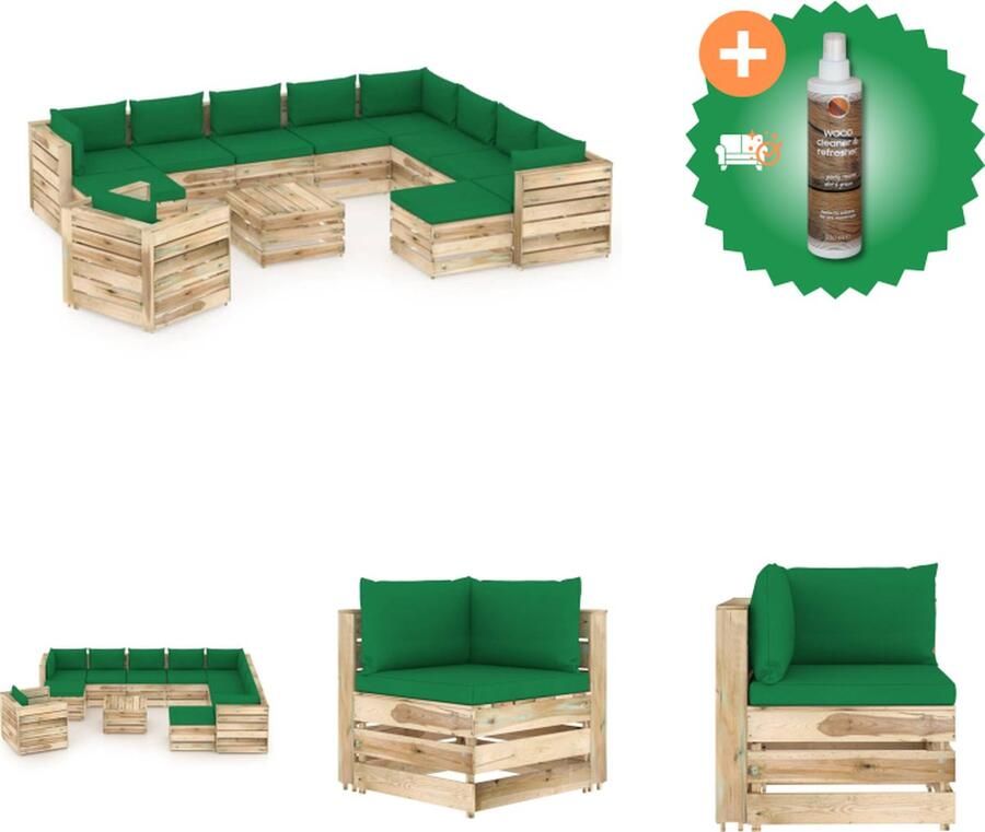 VidaXL Pallet Loungeset Grenenhout Groen Hoekbank 69x70x66 cm Middenbank 60x70x66 cm Tafel Voetenbank 60x62x37 cm Eenzitsbank 77x70x66 cm Tuinset Inclusief Houtreiniger en verfrisser