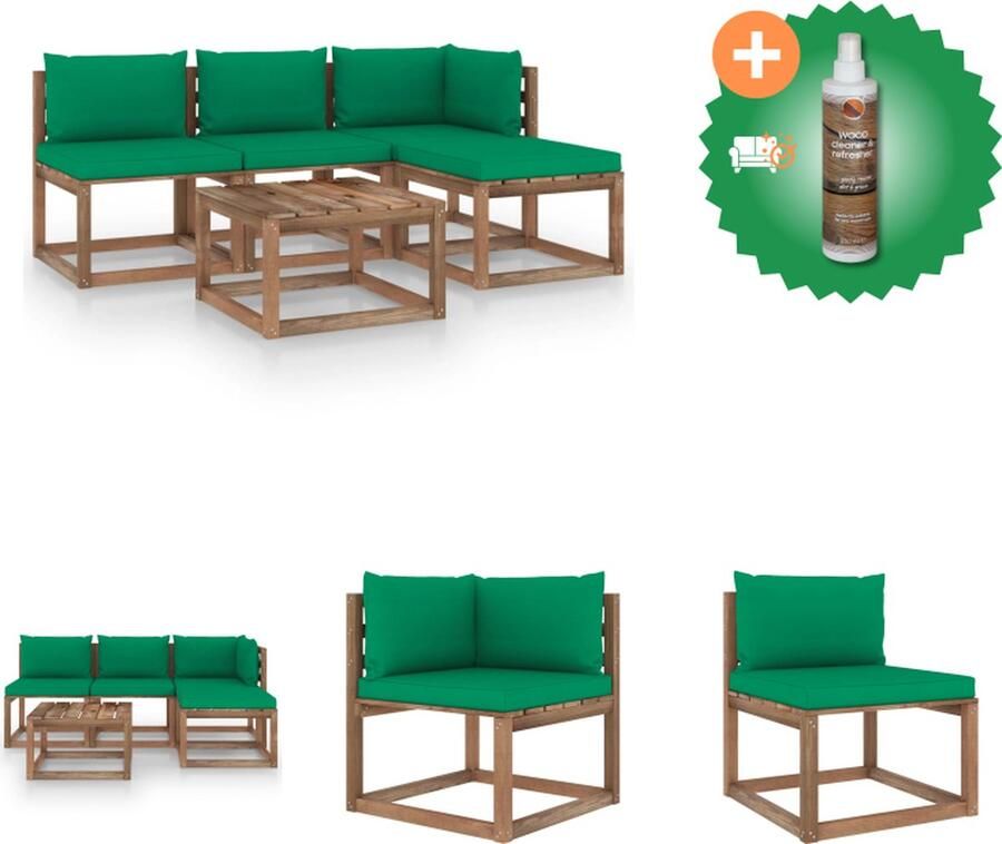 VidaXL Pallet Loungeset Grenenhout Hoekbank 64x64x70cm Middenbank 60x64x70cm Tafel Voetenbank 60x60x36.5cm Groene Kussens Tuinset Inclusief Houtreiniger en verfrisser