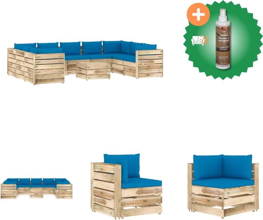 VidaXL Pallet Loungeset Grenenhout Hoekbank 69x70x66cm Middenbank 60x70x66cm Tafel voetenbank 60x62x37cm Lichtblauw kussen Tuinset Inclusief Houtreiniger en verfrisser