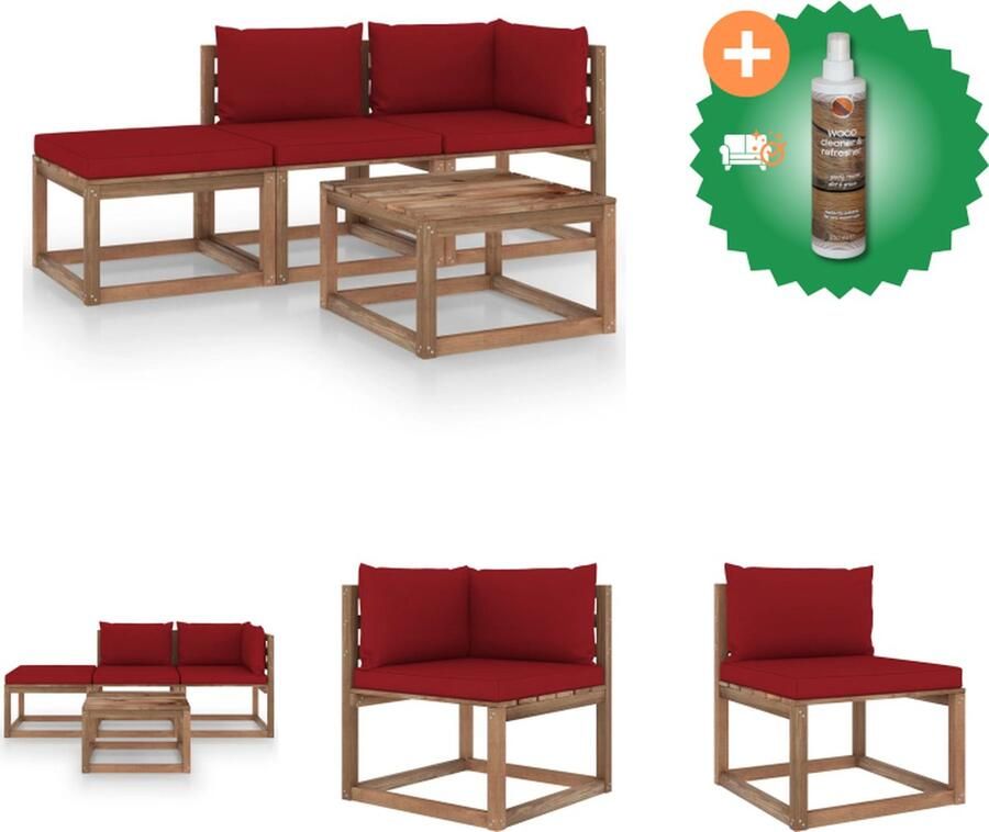 VidaXL Pallet Loungeset Hoekbank 64x64x70cm Middenbank 60x64x70cm Tafel Voetenbank 60x60x36.5cm Wijnrood kussen Tuinset Inclusief Houtreiniger en verfrisser