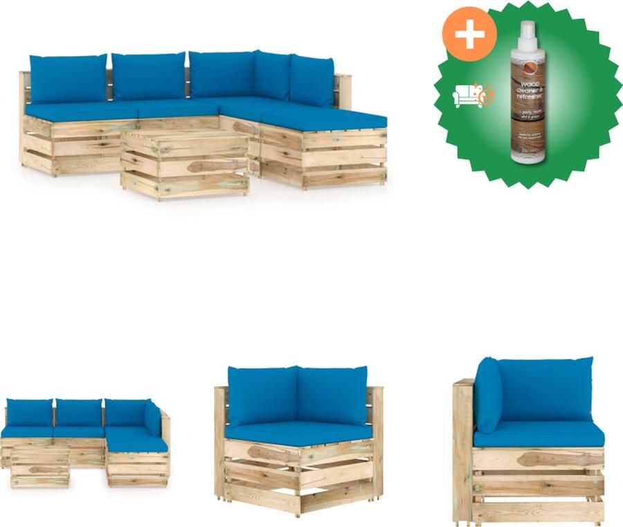 VidaXL Pallet Loungeset Hoekbank Middenbank Tafel Voetenbank 69x70x66cm 60x70x66cm 60x62x37cm Grenenhout Lichtblauw kussen Tuinset Inclusief Houtreiniger en verfrisser