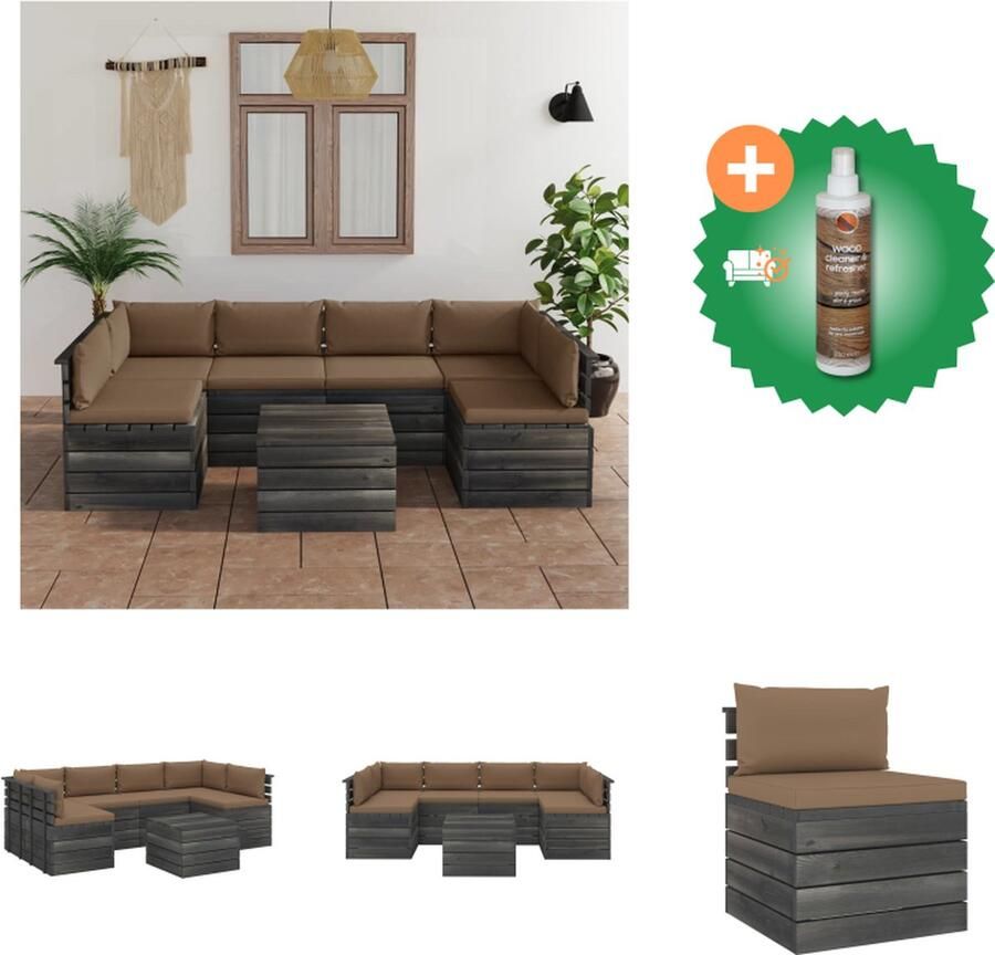 VidaXL Pallet Tuinset Grenenhout Middenbank 60x65x71.5cm Hoekbank 65x65x71.5cm Tafel 60x60x41.5cm Zitkussen 60x60x6cm Rug zijkussen 60x38x13cm Tuinset Inclusief Houtreiniger en verfrisser